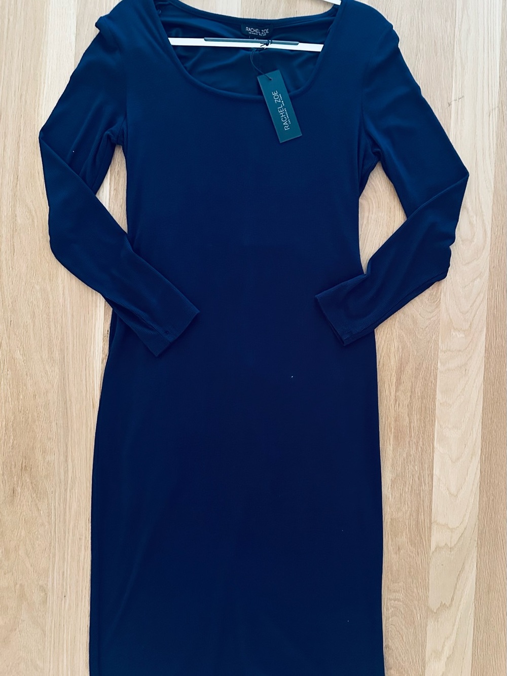 NWT Rachel Zoe Navy ribbed Long-Sleeve Scoop Neck Bodycon Dress, L